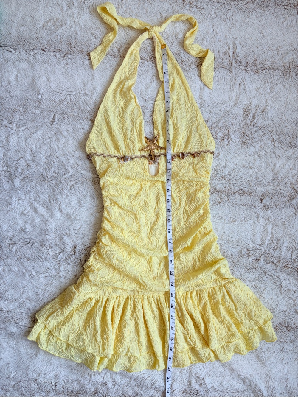 🧚Fairycore Y2K Style Mermaid Butter Yellow Halter Mini Dress Coquette Beach Euro - Picture 5 of 8